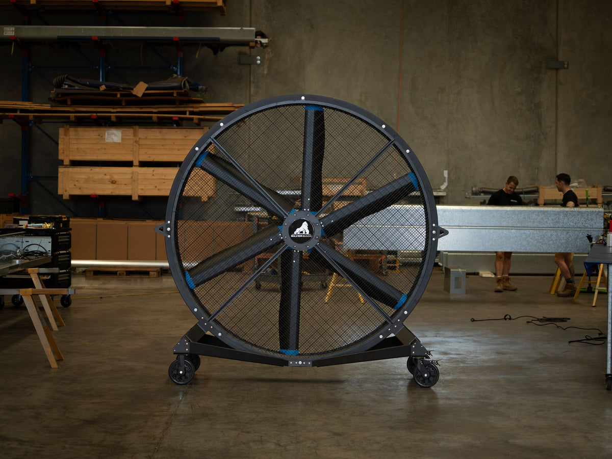 Switchblade 2m mobile HVLS fan in a warehouse